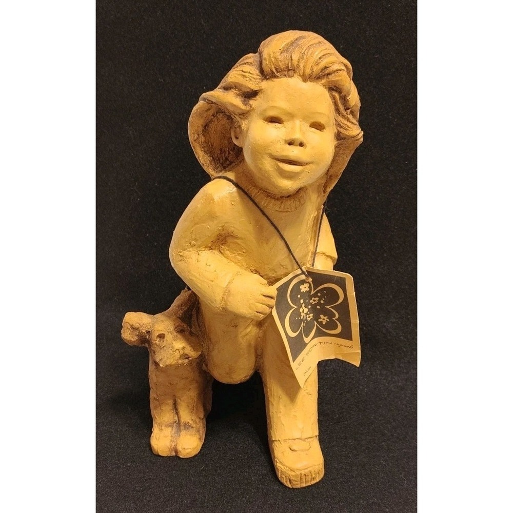 Lee Bortin Girl With Dog Clay Figurine "Daddy's Home" With Original Tag 9" Tall